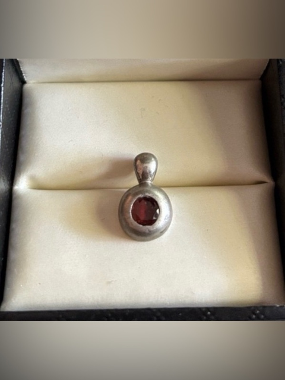 Brushed Silver Garnet Pendant - Deep Red